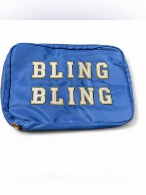 Blue 'BLING BLING' Embroidered Jewelry travel Pouch